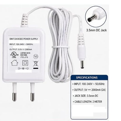 5V 2000mA Switching Power Supply Adapter 100-240V AC to DC | 3.5mm DC Jack | 2 Meter Cable | High Efficiency Charger