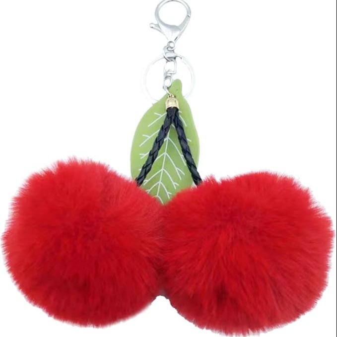 Cute Cherry Faux Pom Pom Soft Fluffy Ball Key Chain Car Keying Bag Wallet Pendant Ornament (Red)