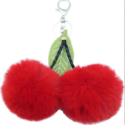 Cute Cherry Faux Pom Pom Soft Fluffy Ball Key Chain Car Keying Bag Wallet Pendant Ornament (Red)