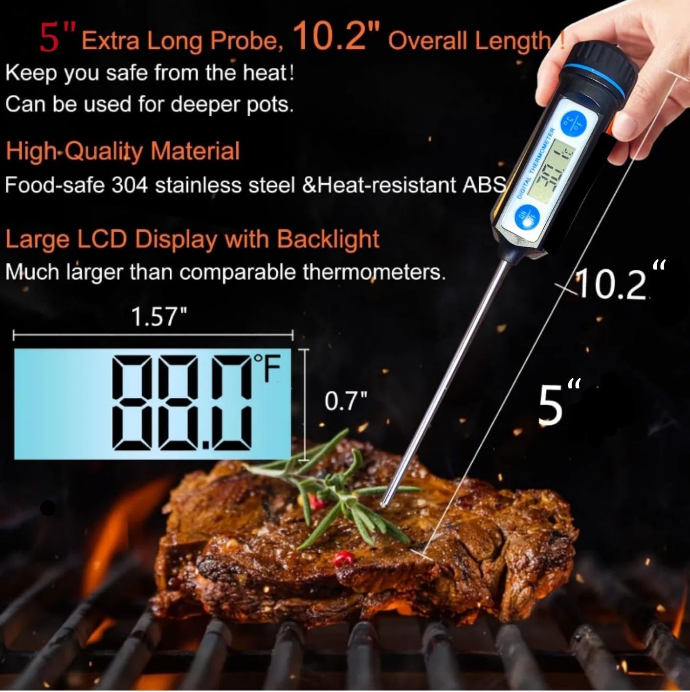 Digital Food Thermometer with Large LCD Display, Waterproof, for Cooking, BBQ, Kitchen , Liquid, Candle