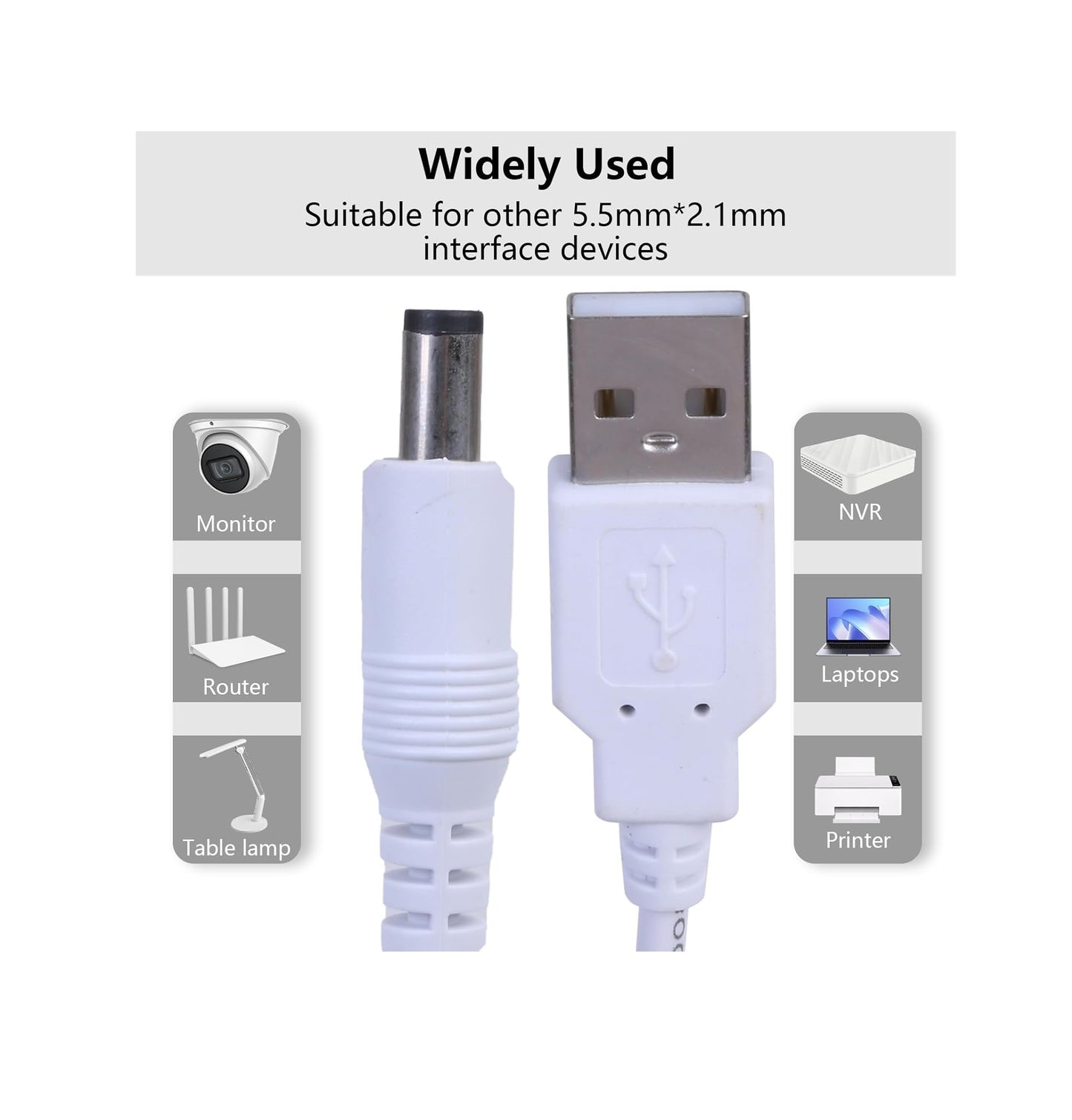3.5 Meter USB to DC Male Power Cable 5V – USB to 5.5 x 2.1mm DC Plug Charging Converter Cable for Routers, Keyboards & Electronic Devices – White