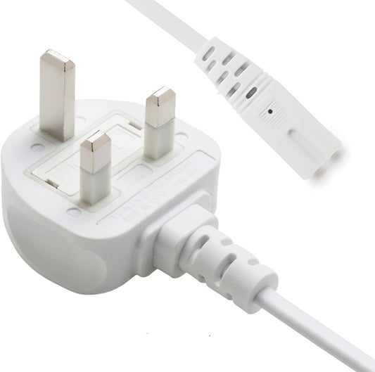 2 Pin Mains Cable IEC C7 UK Plug – 3 Meter White Power Cable for TV, Printer, Laptop Charger, PS4, PS5 & Xbox