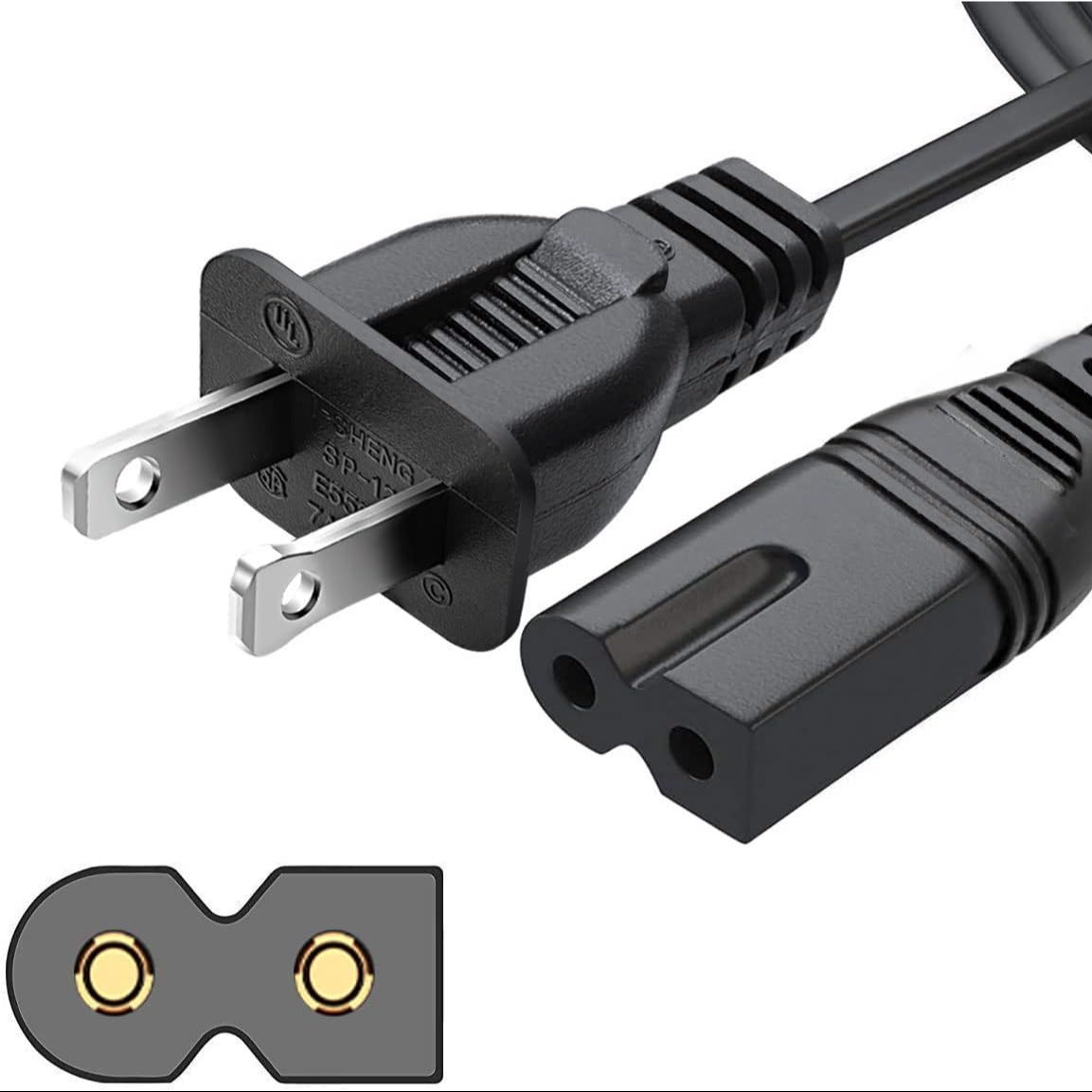 🔌 Polarized 2-Prong Power Cord – Copper Wire Core  NEMA 1-15P to C7 / C8 (IEC320) | Square / Round | UL Listed | Black