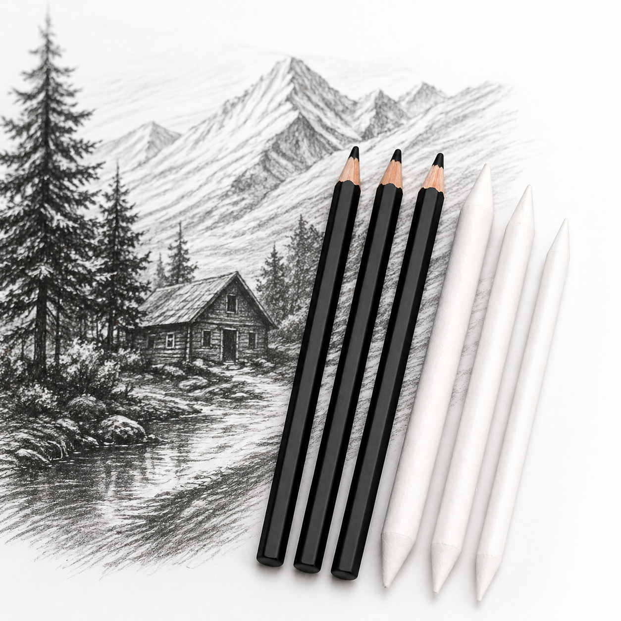 Pack of 2 – 3 Pcs Charcoal Pencils & 3 Pcs Blending Stump Set | Sketching & Shading Kit for Artists