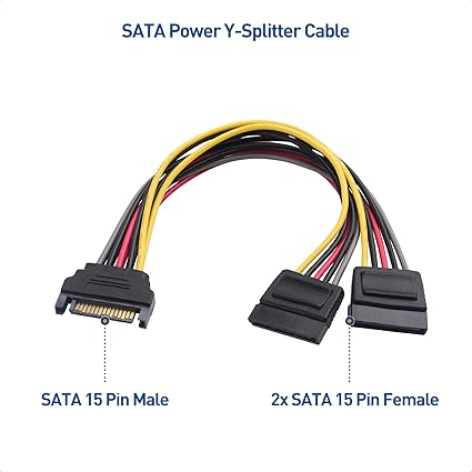 15 Pin SATA Power Splitter Cable - 8 Inches, SATA Power Y-Splitter Cable
