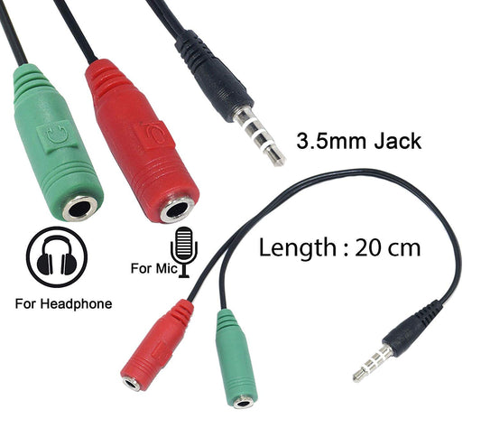 3.5mm Headphone & Mic Audio Y Splitter Cable – PC/Laptop Jack Splitter (Red/Green), Dual Audio Adapter for Headset & Microphone