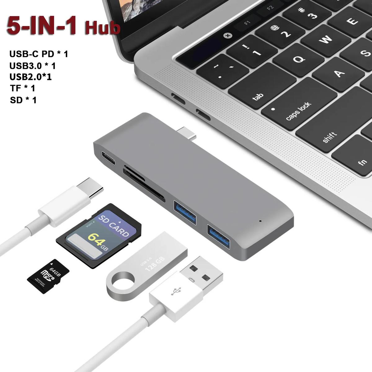 Thunderbolt 3 USB3.0 Type C Hub for MacBook USB-C Dock Adapter with Micro SD/TF Reader Slot for Mac Book Pro USB C HUB(with pouch)
