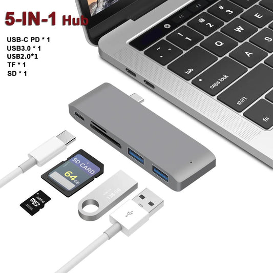 Thunderbolt 3 USB3.0 Type C Hub for MacBook USB-C Dock Adapter with Micro SD/TF Reader Slot for Mac Book Pro USB C HUB(with pouch)