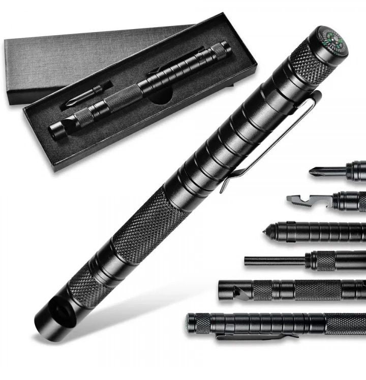 Pen Emergency Metal Tool Survival Kit Compass Whistle Camping Hiking Outdoor Emergency fire starter Screw Driver Cuter etc. the perfect gift for him A One