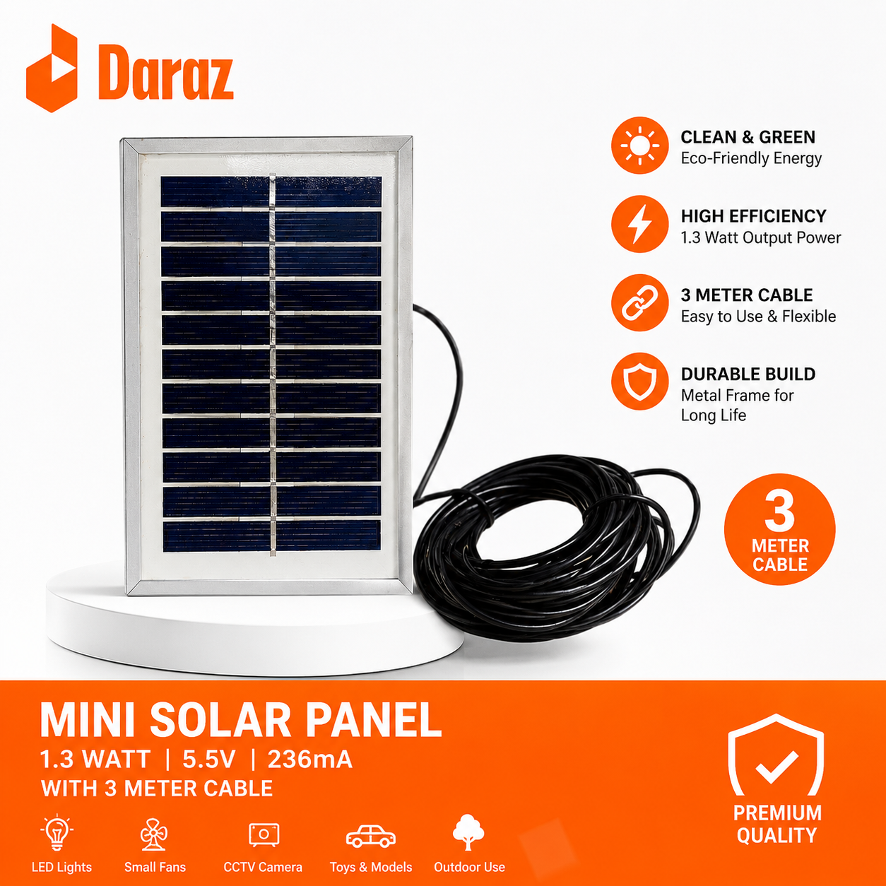 🔋 Mini Solar Panel 1.3W 5.5V 236mA with 3 Meter Cable – Metal Frame Solar Charger for DIY Projects, LED Lights & Small Electronics
