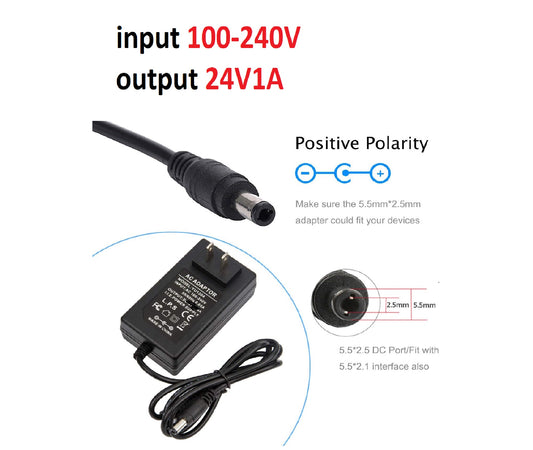 **⚡ 24V 1A Power Supply Adapter  DC Output • 5.5mm × 2.1mm Plug • Universal Switching Adapter**