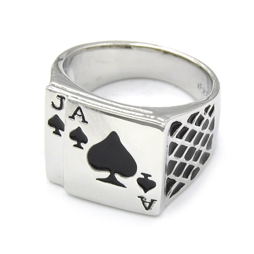 Classic Cool Men's Jewelry Chunky Black Enamel Spades Ring Men Sliver Color