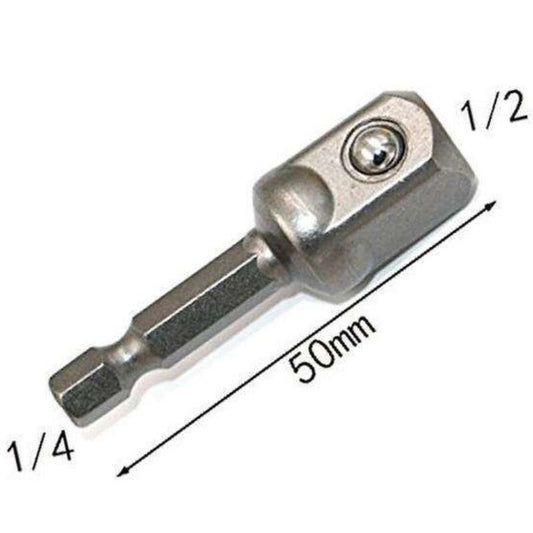 Hex Shank to Impact Driver Drill Bits Bar Socket Adaptor Set Hex Shank Steel Ball Socket Bit Adapter Set 1/2 * 1/4 * 50mm length ------ 1/4 " shank can be converted to 12.7mm square head