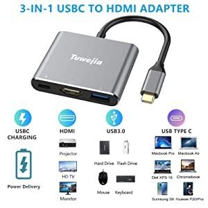 USB C to HDMI Multiport Adapter Tuwejia USB 3.1 Gen 1 Thumderbolt 3 to HDMI 4K Video Converter/USB 3.0 Hub Port PD Quick Charging Port with Large Proj Mirror or Extend Displays