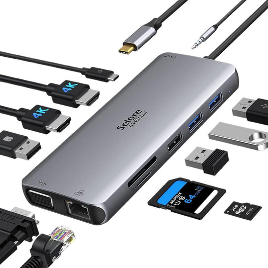 Selore&S-Global Dual display hub USB C Docking Station, Dual HDMI 12 in 1 USB C Hub Multiport Adapter Dock Dual Monitor Laptop Docking Station with 2 HDMI+VGA SD/TF Card Reader Ethernet USB 3.0/2.0 100W PD for MakBook, DellSystem, SurfaceSystem