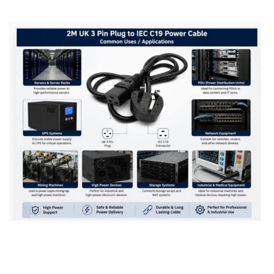 2 Meter UK 3 Pin Plug to IEC C19 Power Cable Black – Heavy Duty Power Cord for Server, UPS & PDU
