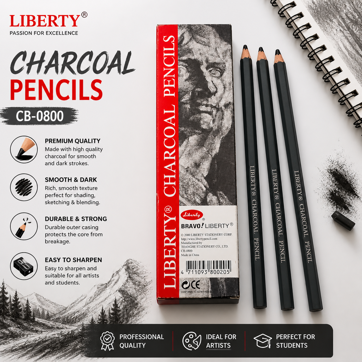 Liberty Charcoal Pencils CB-0800 – Professional Sketching & Shading Pencil Set