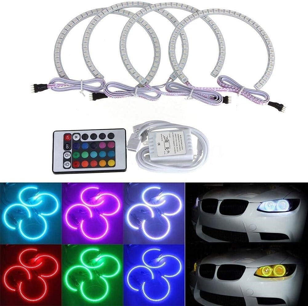 4 PCS 131MM RGB LED Angel Eye Halo Rings for BMW E46 E38 E39 3/5/7 Series – 5050 SMD Multi-Color Headlight Kit with IR Remote Control (16 Colors)