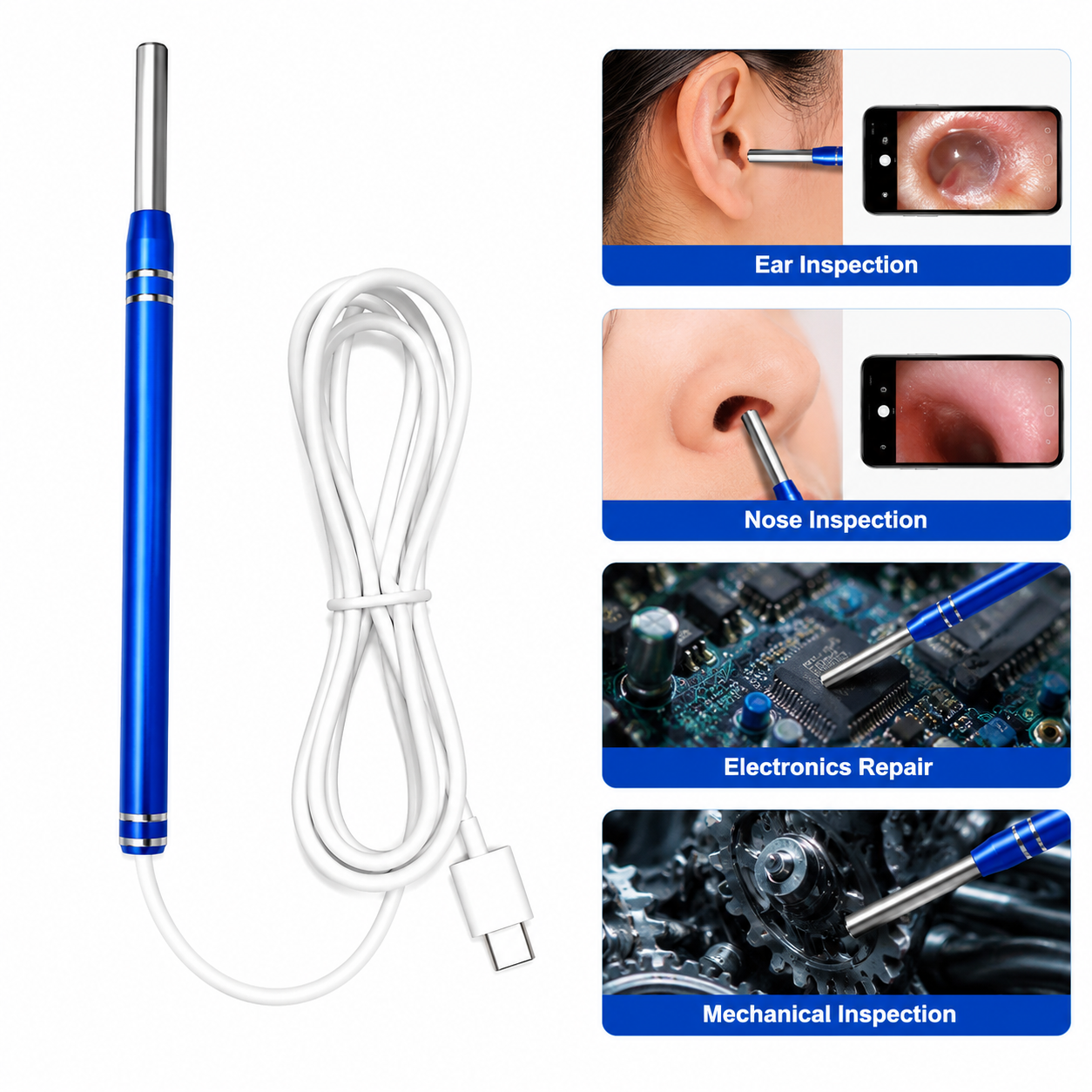 5.5mm Type-C Ear Endoscope Camera with 6 LED Lights – Blue