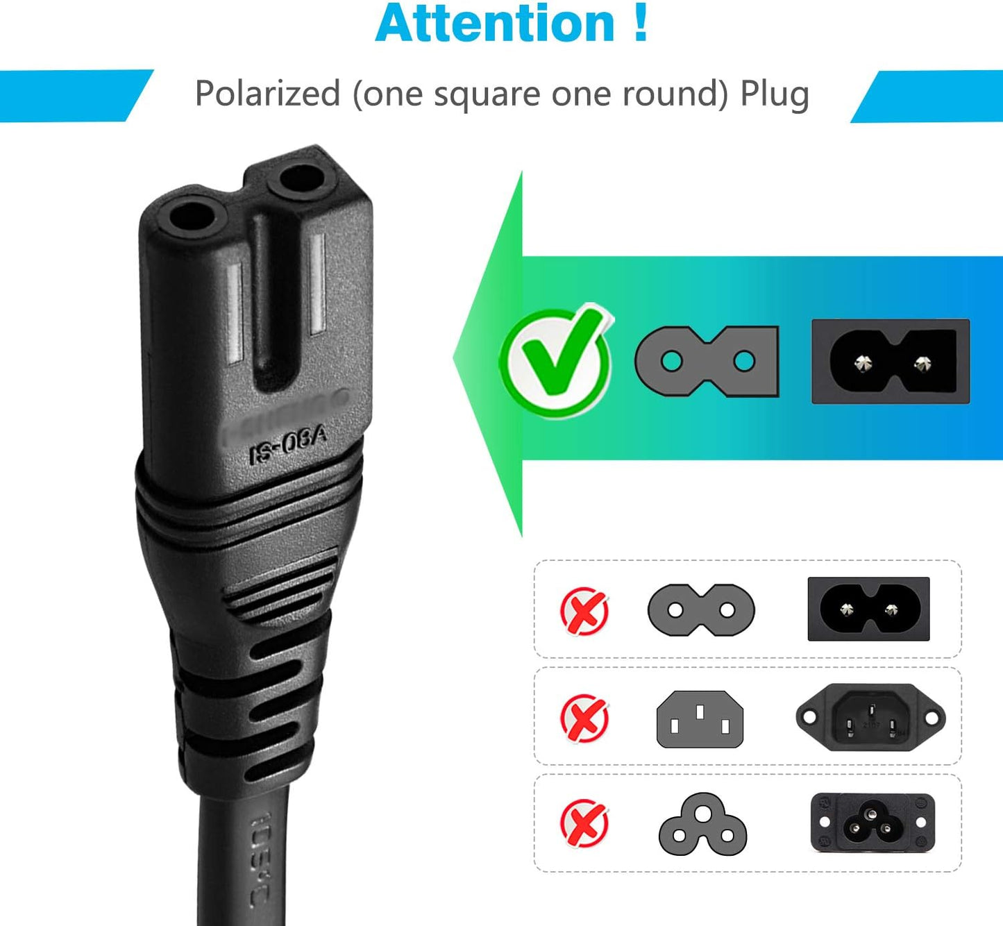 🔌 Polarized 2-Prong Power Cord – Copper Wire Core  NEMA 1-15P to C7 / C8 (IEC320) | Square / Round | UL Listed | Black