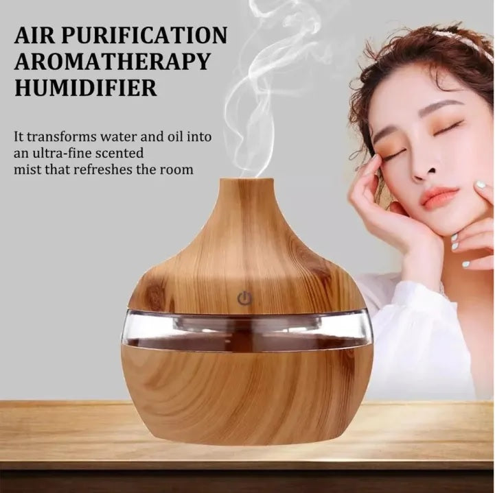 Mini LED Ultrasonic Humidifier – 300ML | Cool Mist | USB Powered | Multicolor Night Light | Light Wood Grain,