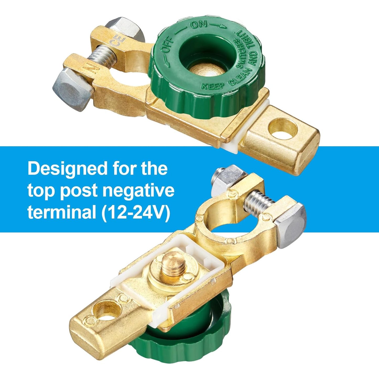 12V–24V Top Post Battery Cut Off Switch with Green Knob – Quick Disconnect Battery Isolator for Cars, Trucks, RVs & Boats