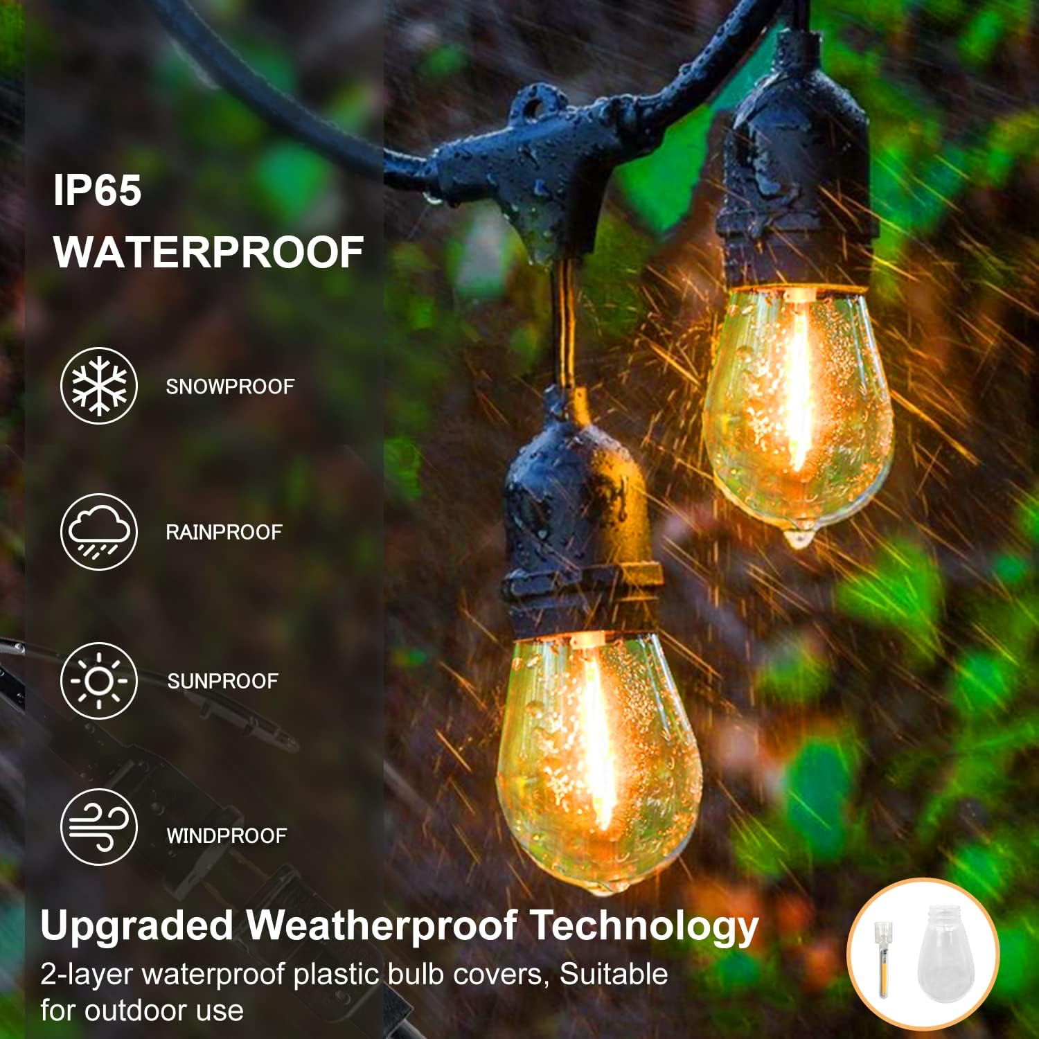 S14 Outdoor String Lights – mains powered, 128 FT, 38 plastic LED bulbs, IP65 waterproof, heavy-duty festoon lights for backyard/patio/café/balcony/party/wedding