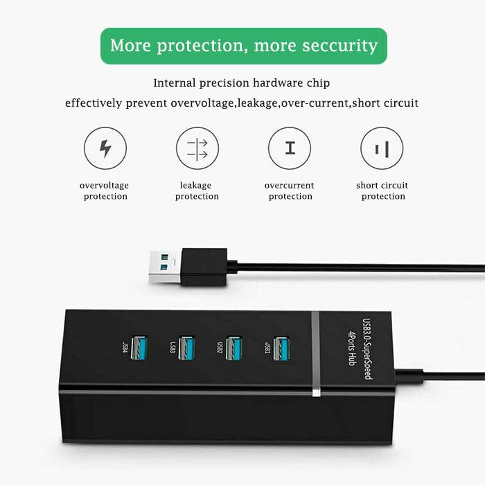 USB 3.0 Hub, 4 Port SuperSpeed, High-Speed Multiport Adapter with 30cm Cable, Black