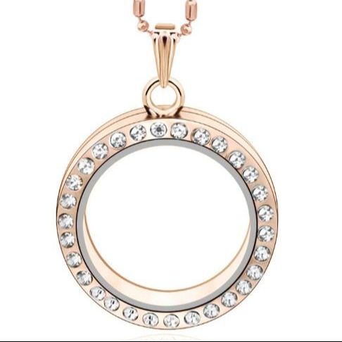 Rose Gold Circle Magnetic Floating Charm Locket 30mm x 30mm with 25 Inches Chain Pendant A One Gift