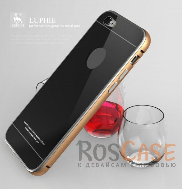 LUPHIE Metal Frame Metal Bumper Back Cover Case for iPhone 6/6s with Glossy Panel (Gold / Black)