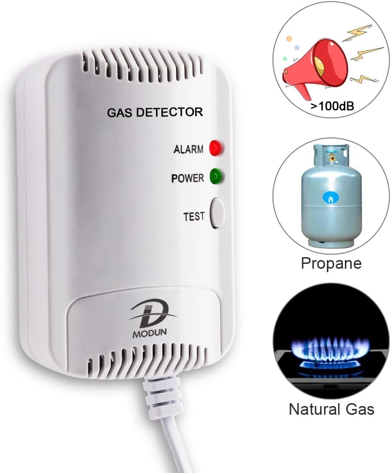 Gas Alarm Detector – Natural Gas LPG Leak Sensor with 100dB Siren & Strobe Light for Kitchen, RV, Garage & Hotel