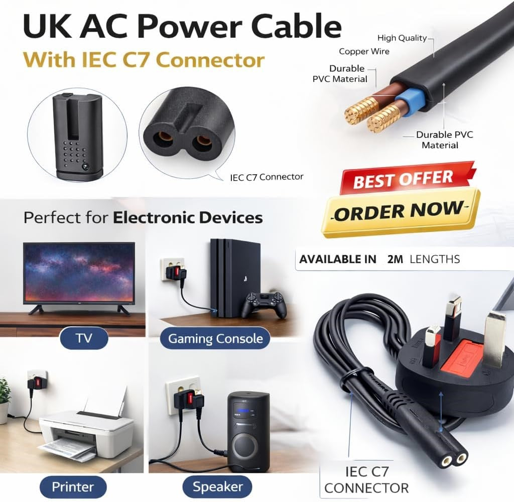 Universal UK Plug 2 Prong Power Cord – 2 Meter AC Power Cable for LED TV, Printer, Gaming Console, Kettle & More