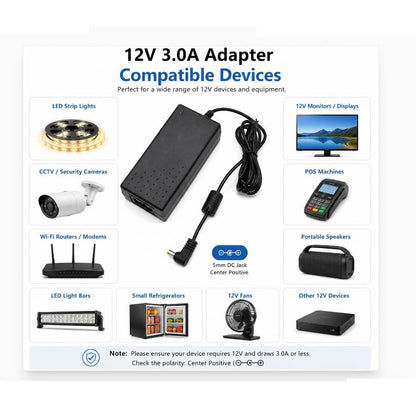 12V 3A Power Adapter with 5mm DC Jack – 100-240V AC Input, 12V 3A Power Adapter with 5mm x 3.5mm Center Pin DC Jack – AC 100-240V | Stable DC Power Supplycm Cable, Stable DC Power Supply