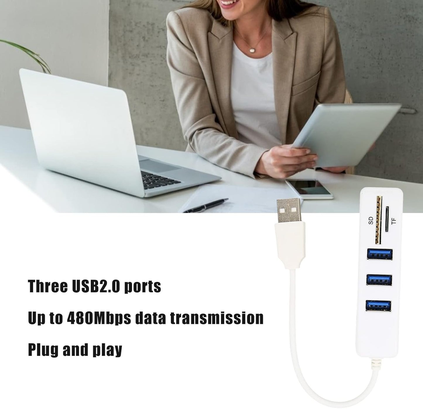 Portable USB 2.0 Hub, TF/SD Card Reader, 3 USB 2.0 Ports, 480Mbps High Speed Data Transmission, Plug and Play, USB Splitter for Keyboard, Mouse, Hard Dish and U Disk (White)