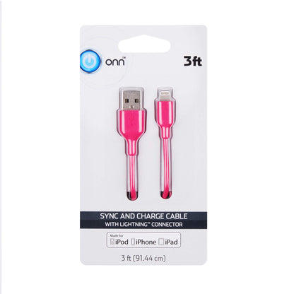 Pink sync and charge cable with Lightning connector packaging on a white background
