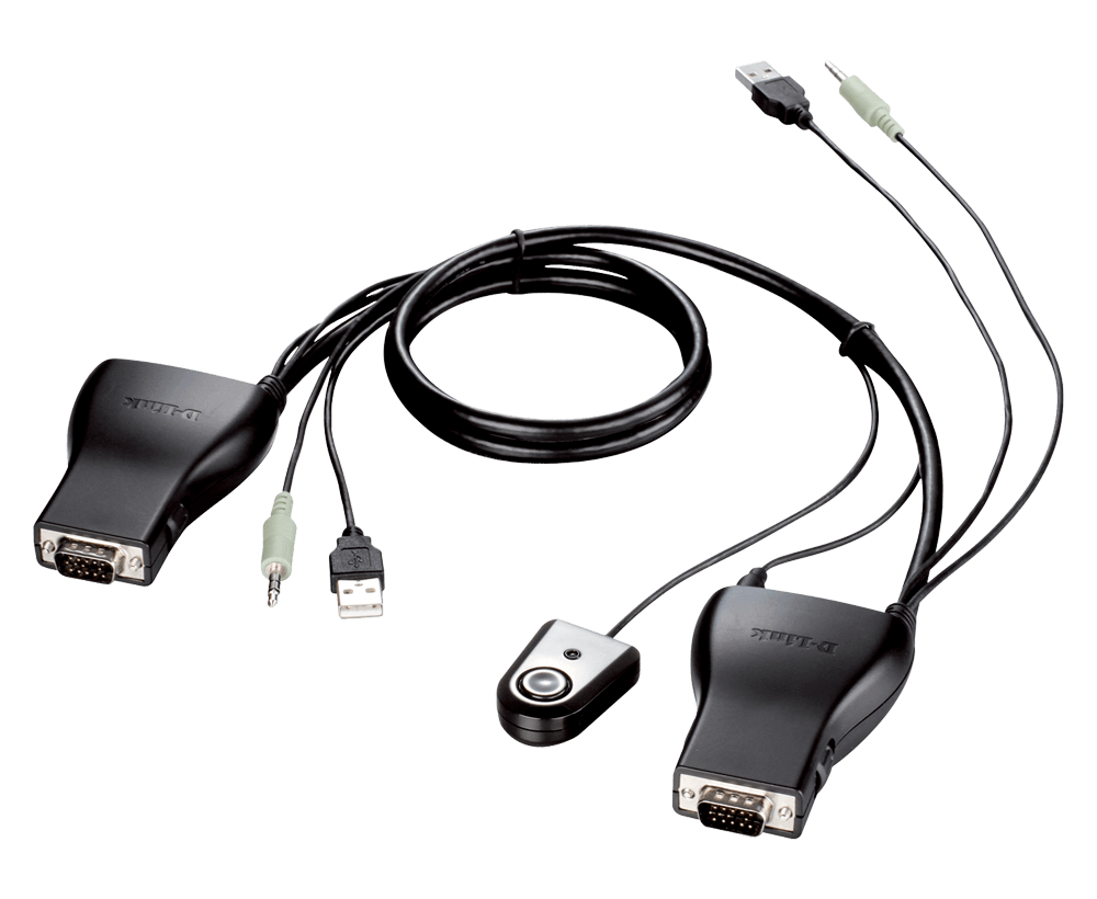 A black dual monitor adapter cable with two VGA video outputs, two USB ports, and a small wireless controller, shown on a plain white background.