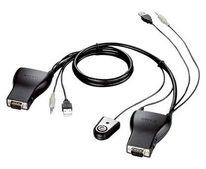 A black dual monitor adapter cable with two VGA video outputs, two USB ports, and a small wireless controller, shown on a plain white background.