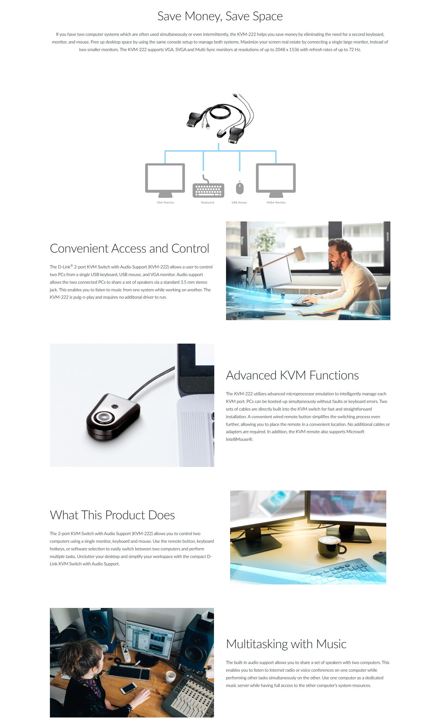 A promotional infographic page for the EMMO KVM2 wireless keyboard and mouse combo, featuring product photos, diagrams, and text sections on a white background.