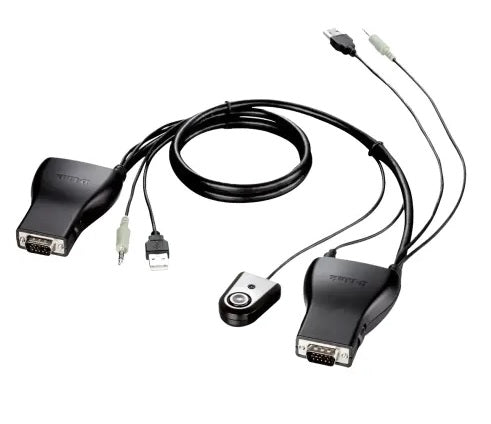 A black dual monitor adapter cable with two VGA video outputs, one USB keyboard, one USB mouse, and one audio jack, shown on a plain white background.