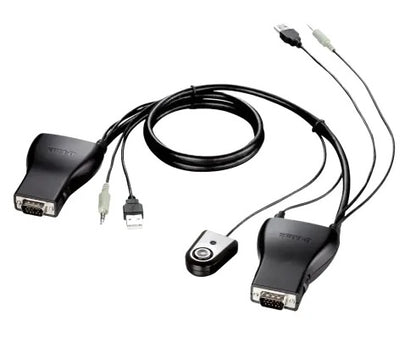 A black dual monitor adapter cable with two VGA video outputs, one USB keyboard, one USB mouse, and one audio jack, shown on a plain white background.