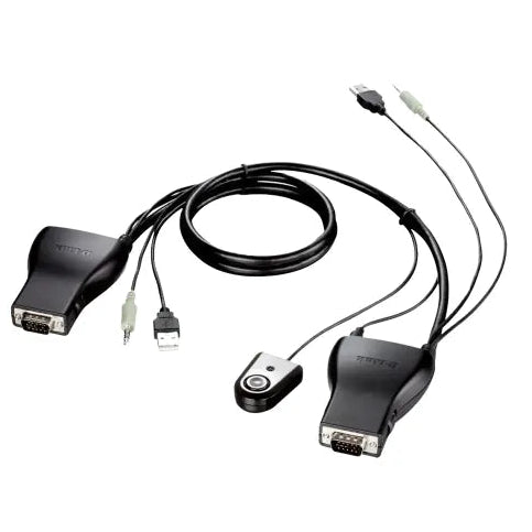 A black USB-to-serial adapter cable with two main connectors, a coiled cable section, and a small round control module, shown on a plain white background.