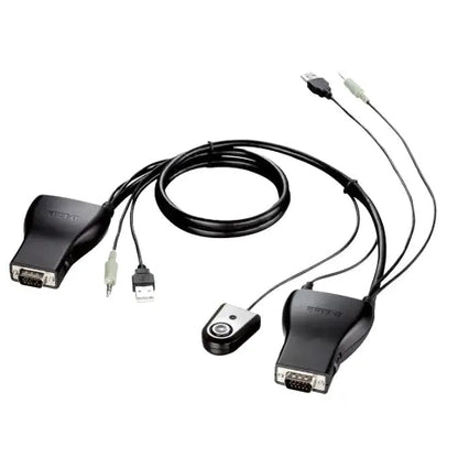 A black USB-to-serial adapter cable with two main connectors, a coiled cable section, and a small round control module, shown on a plain white background.