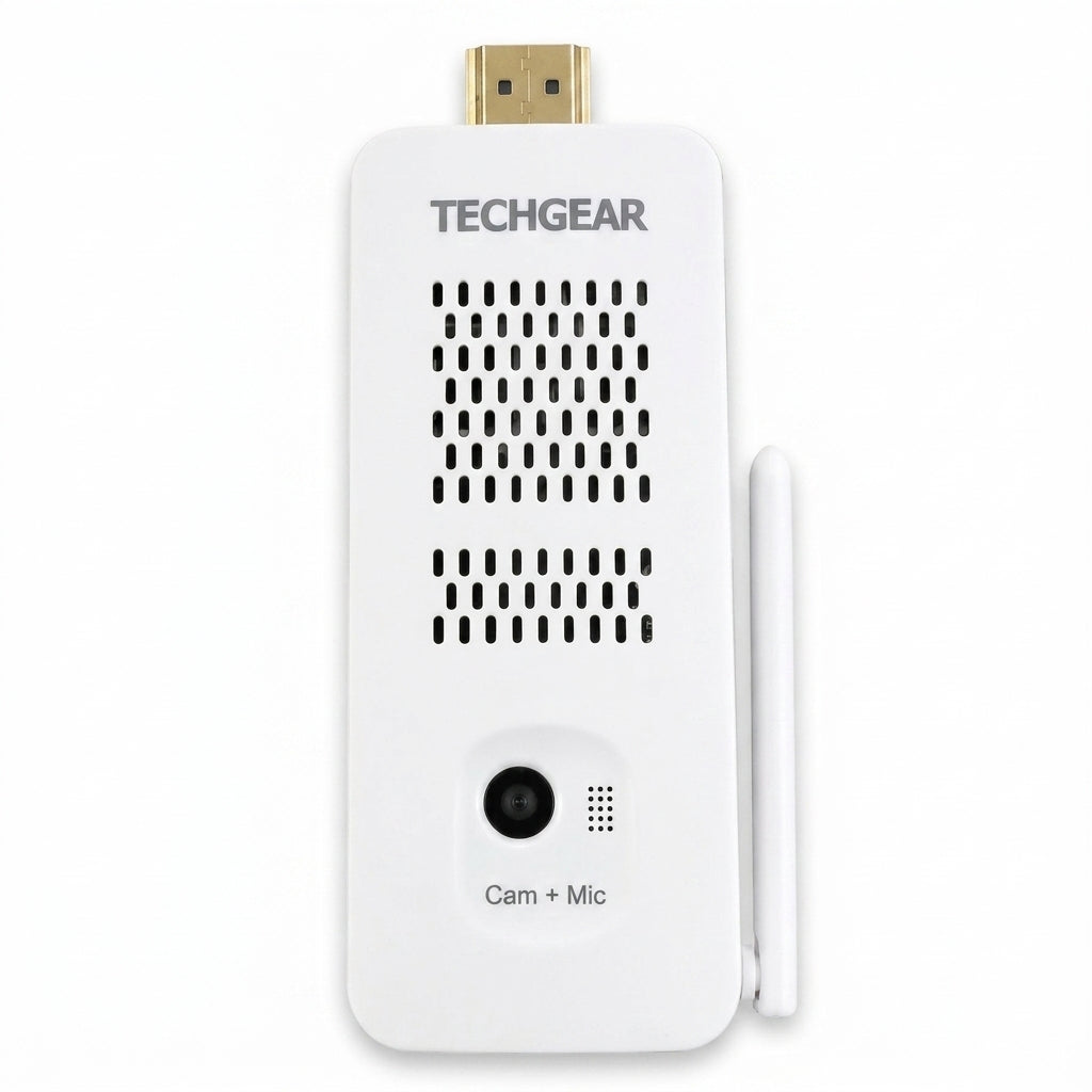 A white TECHGEAR cam + mic adapter with an HDMI connector on top, a front camera lens, a speaker grille, and a small side antenna, shown on a plain white background.