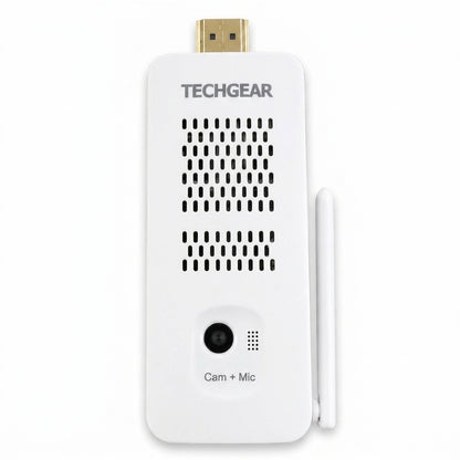 A white TECHGEAR cam + mic adapter with an HDMI connector on top, a front camera lens, a speaker grille, and a small side antenna, shown on a plain white background.