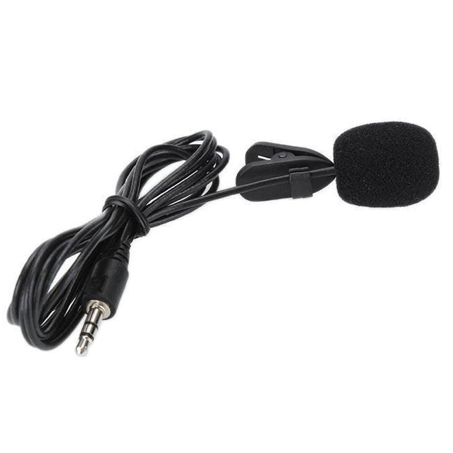 Black lavalier microphone with cable on a white background