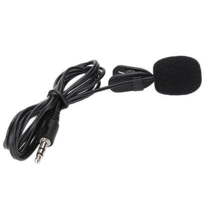 Black lavalier microphone with cable on a white background