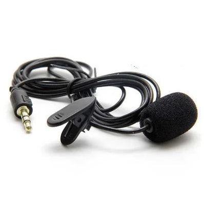 A black lapel microphone with a foam windscreen and attached coiled cable, featuring a 3.5mm audio jack, shown on a plain white background.
