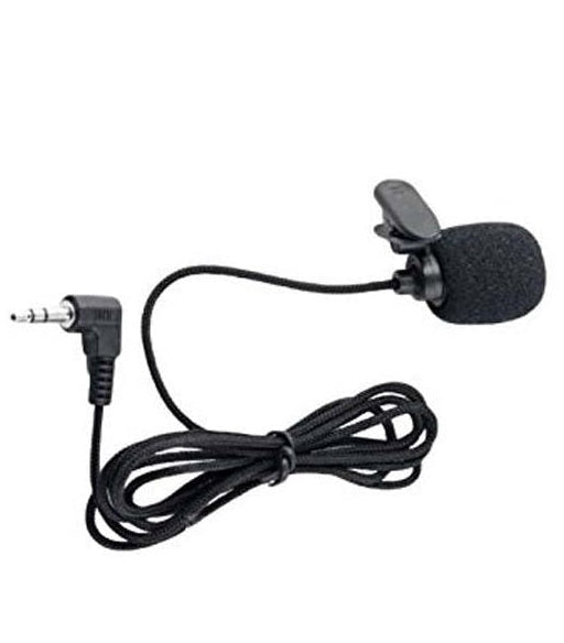 A black lapel microphone with a foam windscreen and a coiled cable featuring a 3.5mm audio jack, shown on a plain white background.