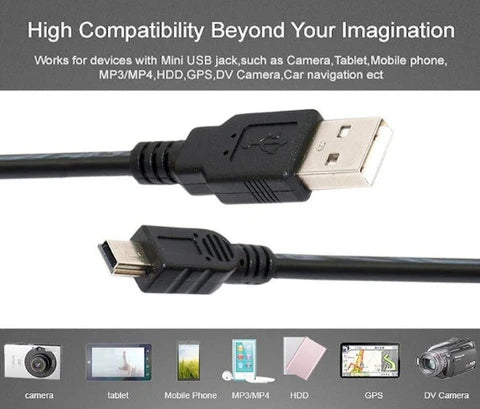 USB 2.0 Cable – A-Male to Mini-B (V3) High-Speed Data & Charging Cable for Cameras, MP3 Players, Dash Cams, GPS Devices, External Hard Disks – Durable & Reliable – Black