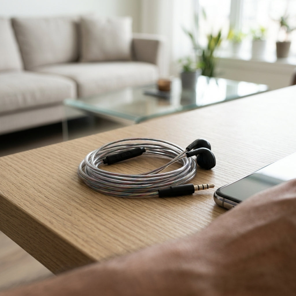 Wired earphones with a coiled silver cable and black ear tips resting on a light wood table next to a smartphone, with a blurred living room background.